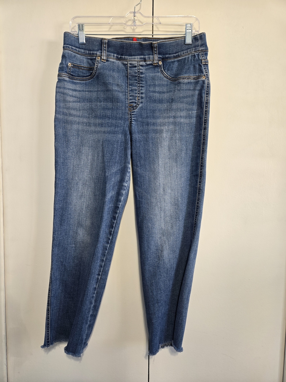 SPANX Petite Straight Leg Ankle Jeans Large Raw Hem Pull On Blue Denim